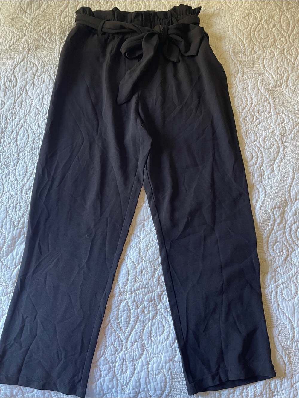 Wayf Black Wide-Leg Paperbag Waist Pants with Tie